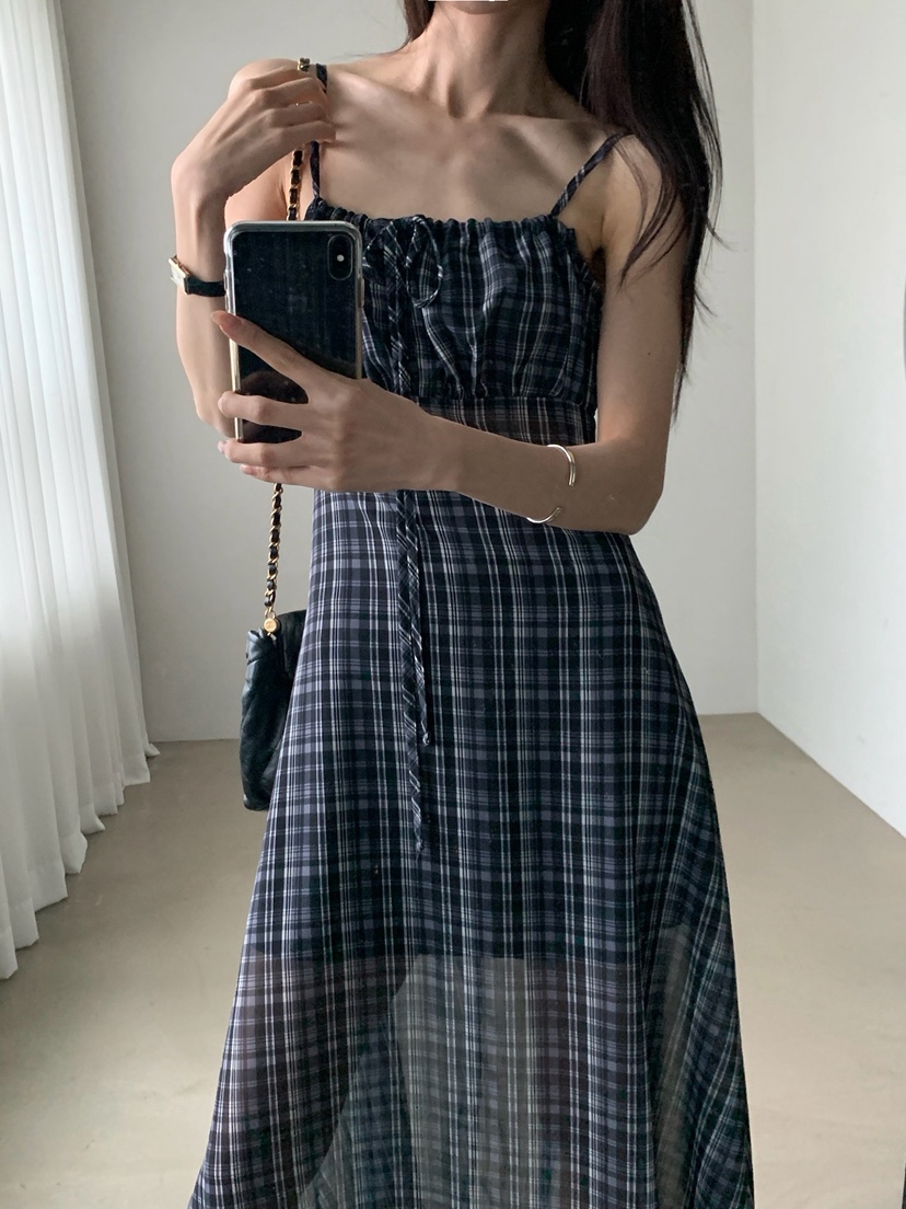 VERANDA韓國東大門代購女裝新款職業休閑26春夏長裙格子雪紡VERANDA長裙