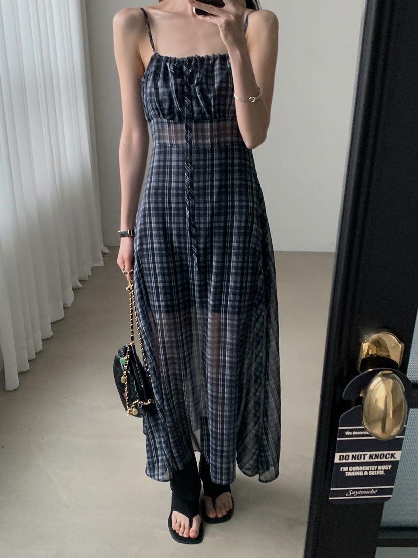 VERANDA韓國東大門代購女裝新款職業休閑26春夏長裙格子雪紡VERANDA長裙
