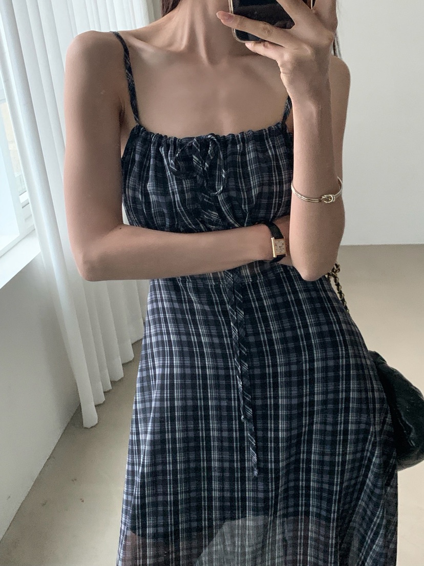 VERANDA韓國東大門代購女裝新款職業休閑26春夏長裙格子雪紡VERANDA長裙