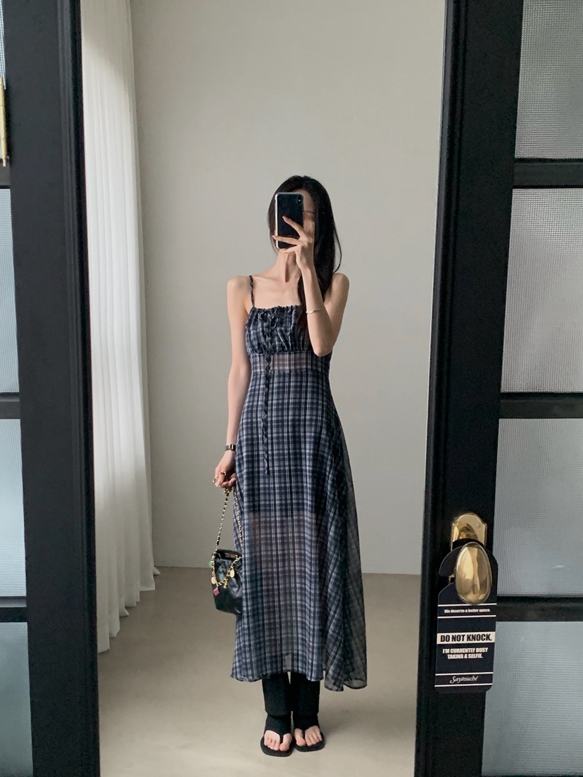 VERANDA韓國東大門代購女裝新款職業休閑26春夏長裙格子雪紡VERANDA長裙