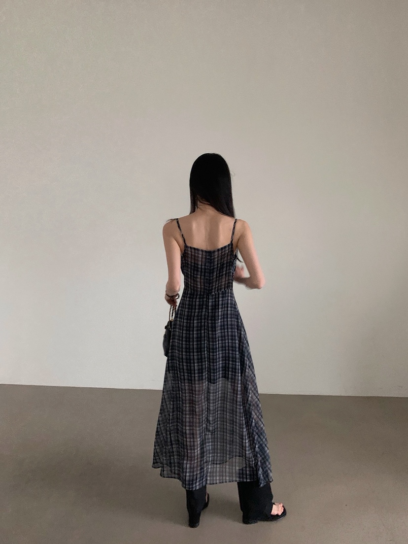 VERANDA韓國東大門代購女裝新款職業休閑26春夏長裙格子雪紡VERANDA長裙