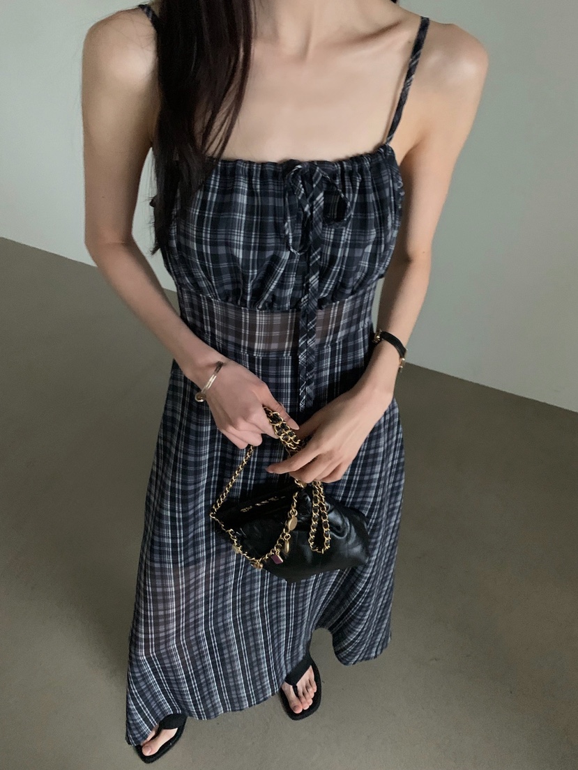 VERANDA韓國東大門代購女裝新款職業休閑26春夏長裙格子雪紡VERANDA長裙