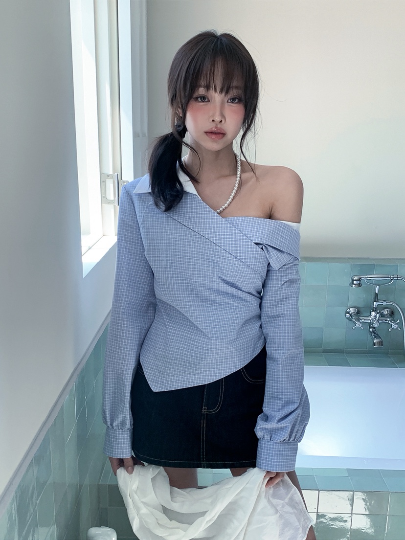 VERANDA韓國東大門代購女士新款人氣職業襯衫蕾絲衫不對稱VERANDA襯衫/蕾絲衫