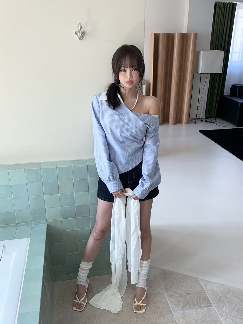 VERANDA韓國東大門代購女士新款人氣職業襯衫蕾絲衫不對稱VERANDA襯衫/蕾絲衫