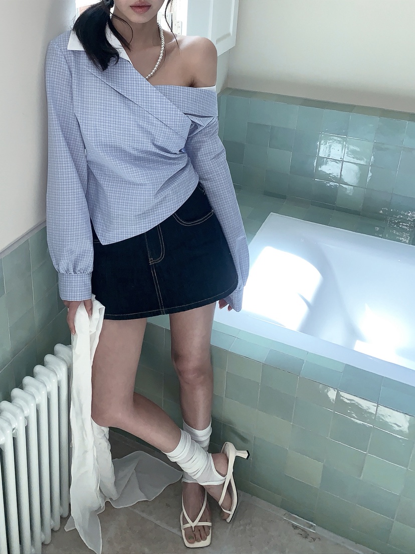 VERANDA韓國東大門代購女士新款人氣職業襯衫蕾絲衫不對稱VERANDA襯衫/蕾絲衫