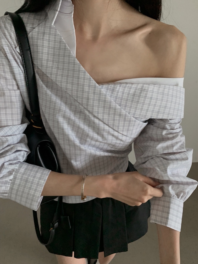 VERANDA韓國東大門代購女士新款人氣職業襯衫蕾絲衫不對稱VERANDA襯衫/蕾絲衫