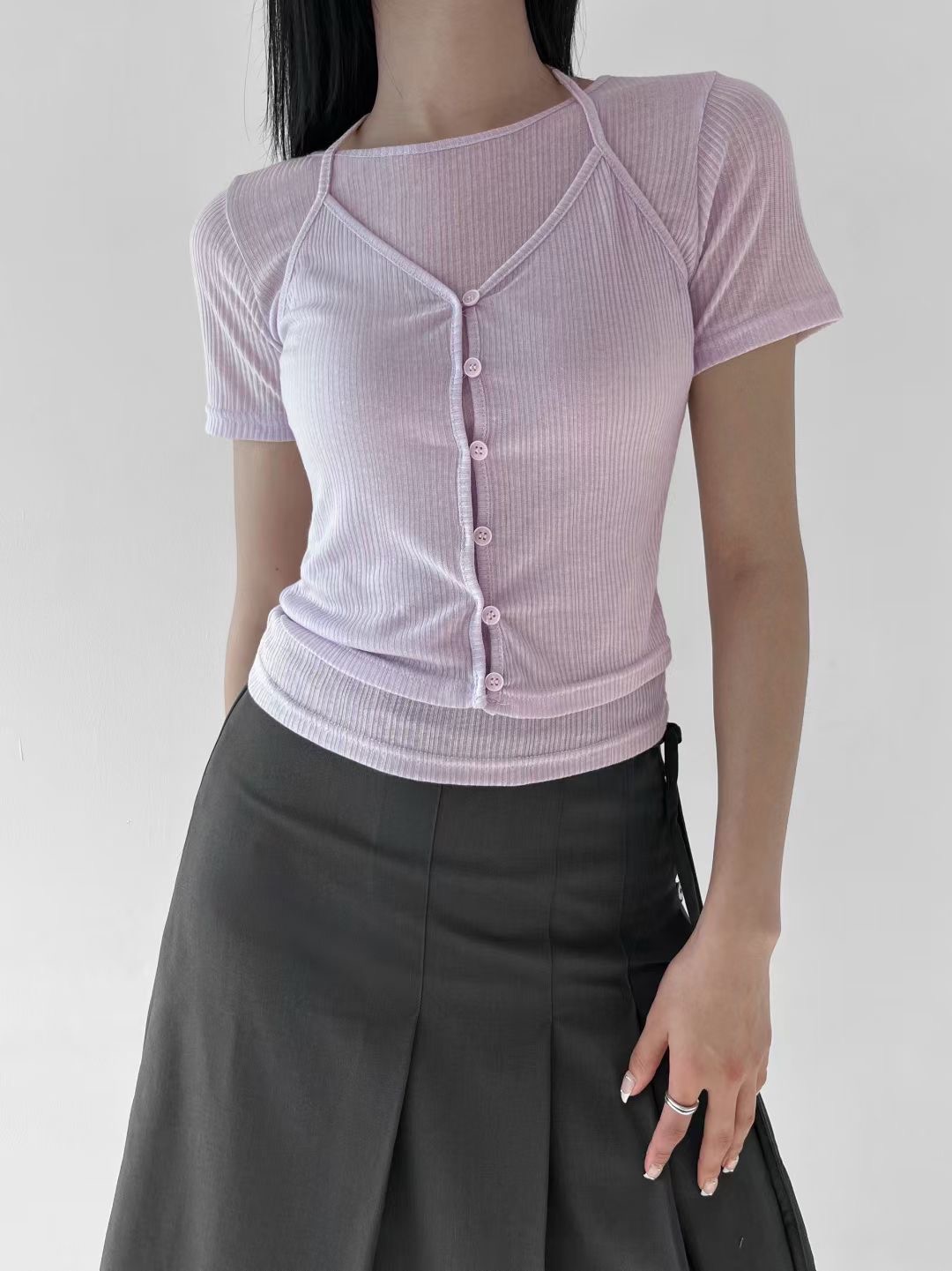 VERRER BUTTER韓國代購女士新品職業人氣時尚26春夏T恤假兩件VERRER BUTTERT恤圖色1