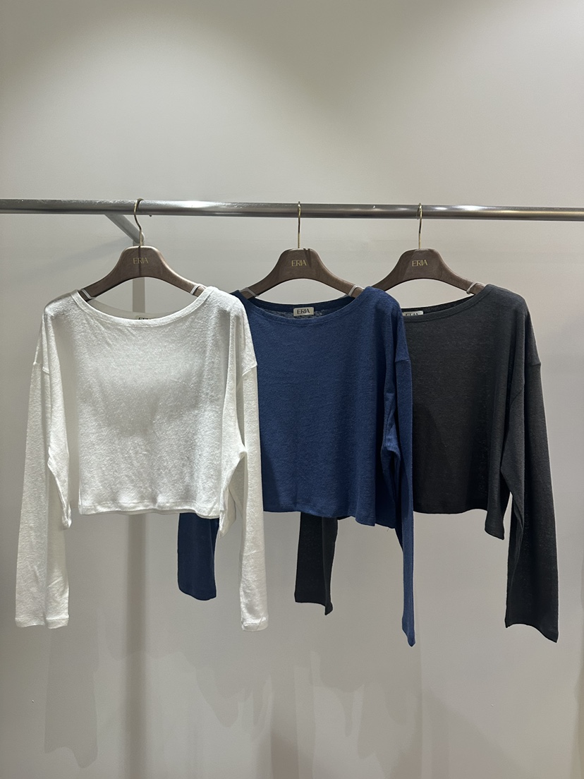 HUE/ERIA韓國直郵實拍女士新款熱賣休閑長袖T恤短款亞麻HUE/ERIA長袖T恤