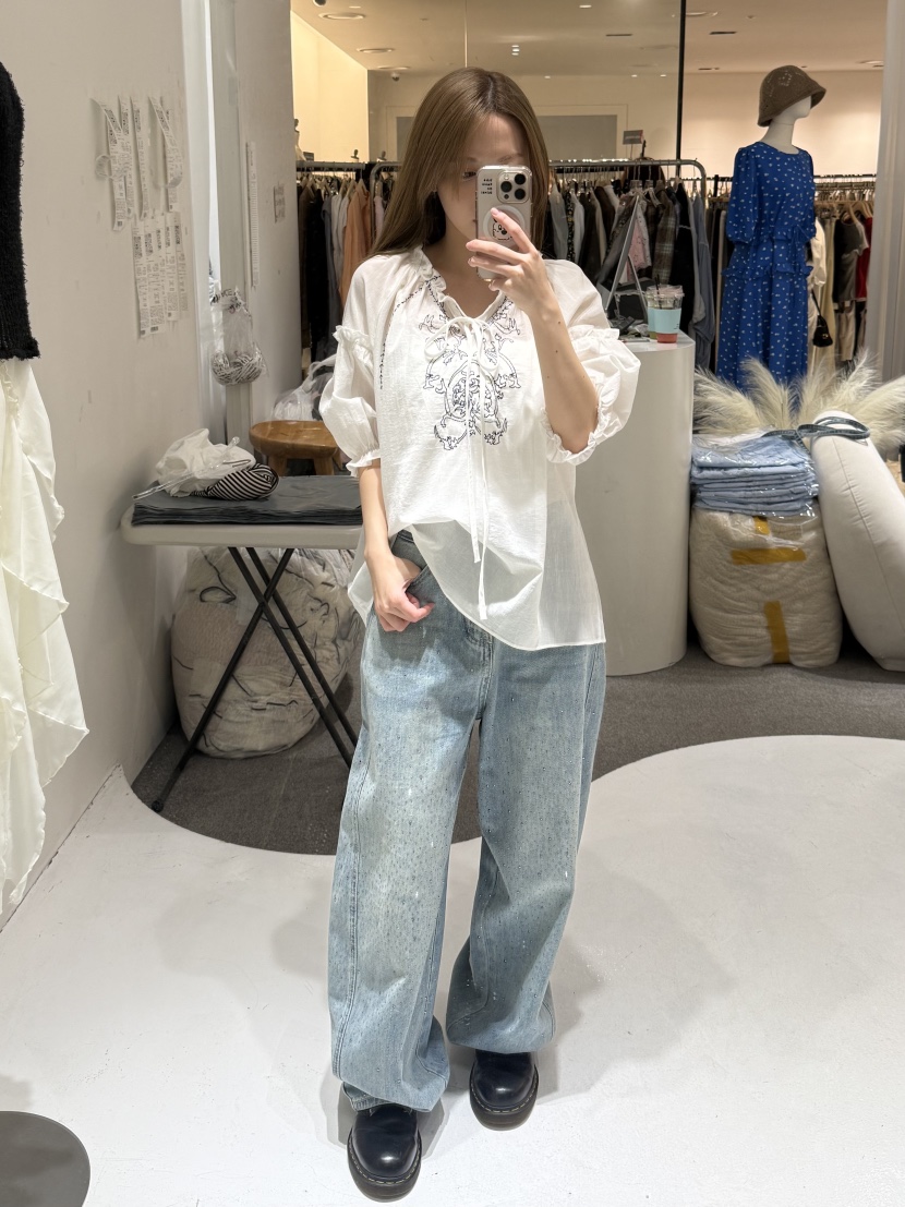 FABRIC韓國東大門直郵女裝新款26春夏休閑襯衫蕾絲衫刺繡FABRIC襯衫/蕾絲衫