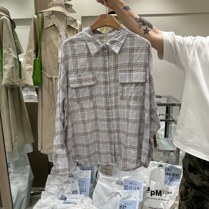 MELO韓國代購女士新品時尚熱賣推薦26春夏襯衫蕾絲衫格子褶裥MELO襯衫/蕾絲衫圖色1