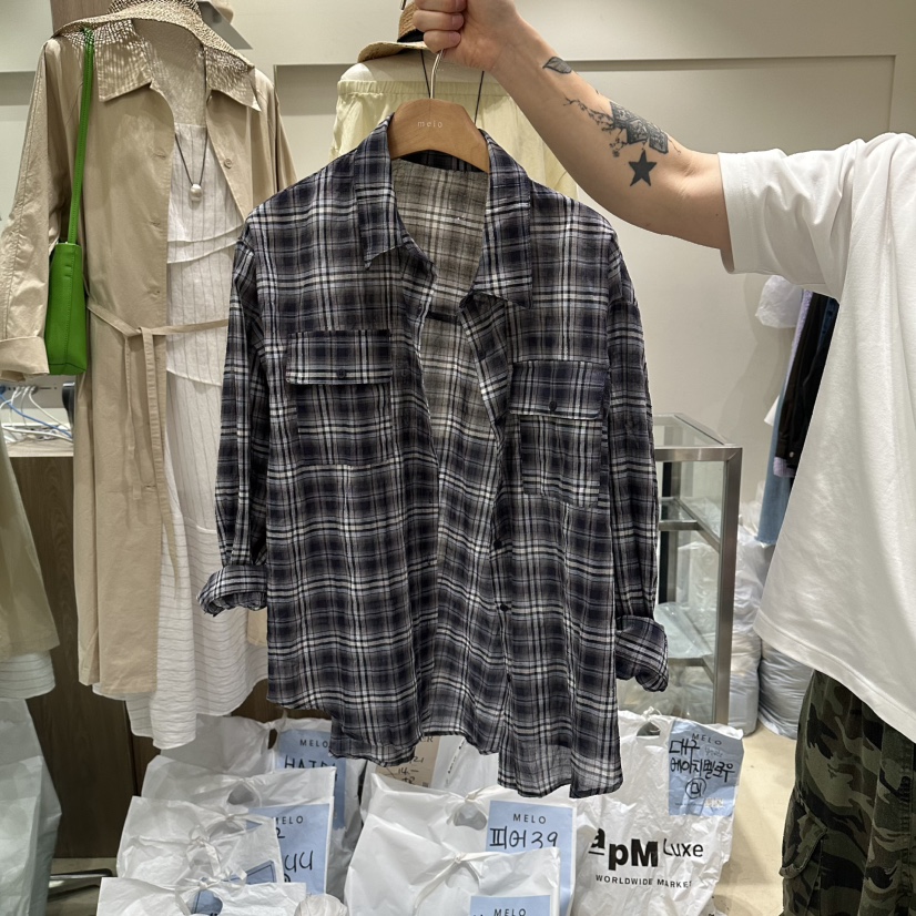 MELO韓國代購女士新品時尚熱賣推薦26春夏襯衫蕾絲衫格子褶裥MELO襯衫/蕾絲衫圖色2