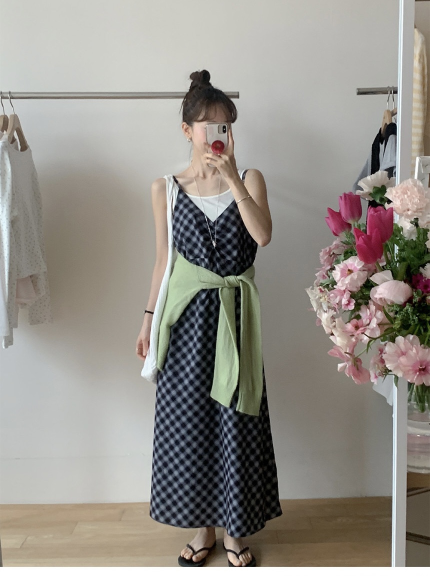 FRILL-T/DADA韓國代購女士新款職業連衣裙不含內搭格紋褶皺FRILL-T/DADA連衣裙