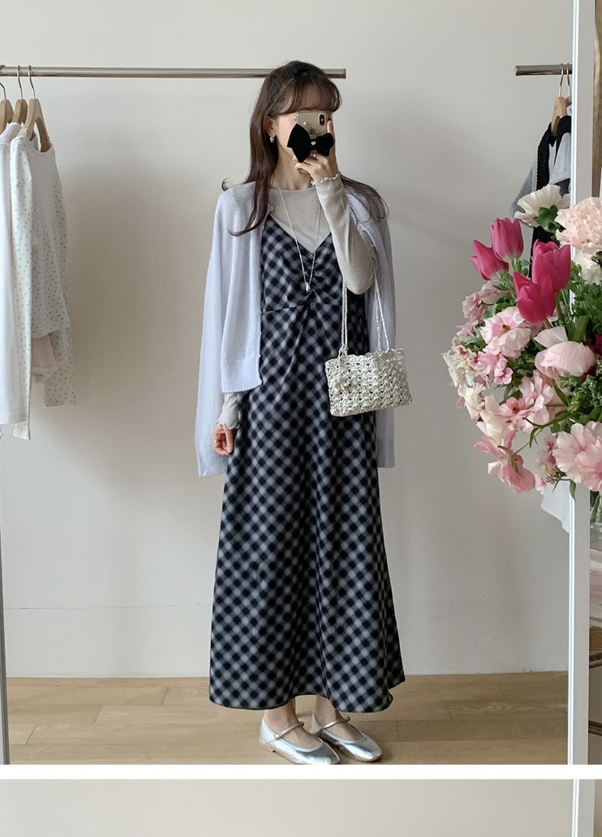 FRILL-T/DADA韓國代購女士新款職業連衣裙不含內搭格紋褶皺FRILL-T/DADA連衣裙