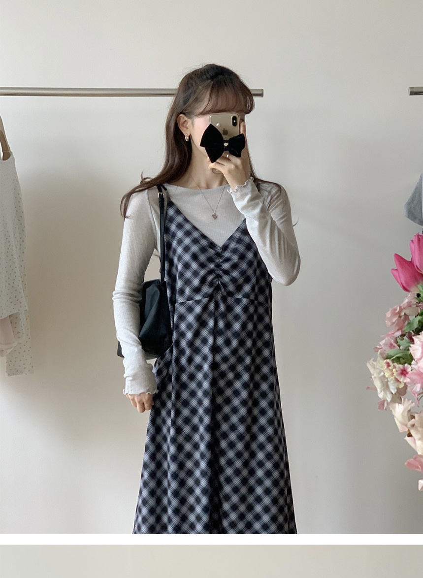 FRILL-T/DADA韓國代購女士新款職業連衣裙不含內搭格紋褶皺FRILL-T/DADA連衣裙