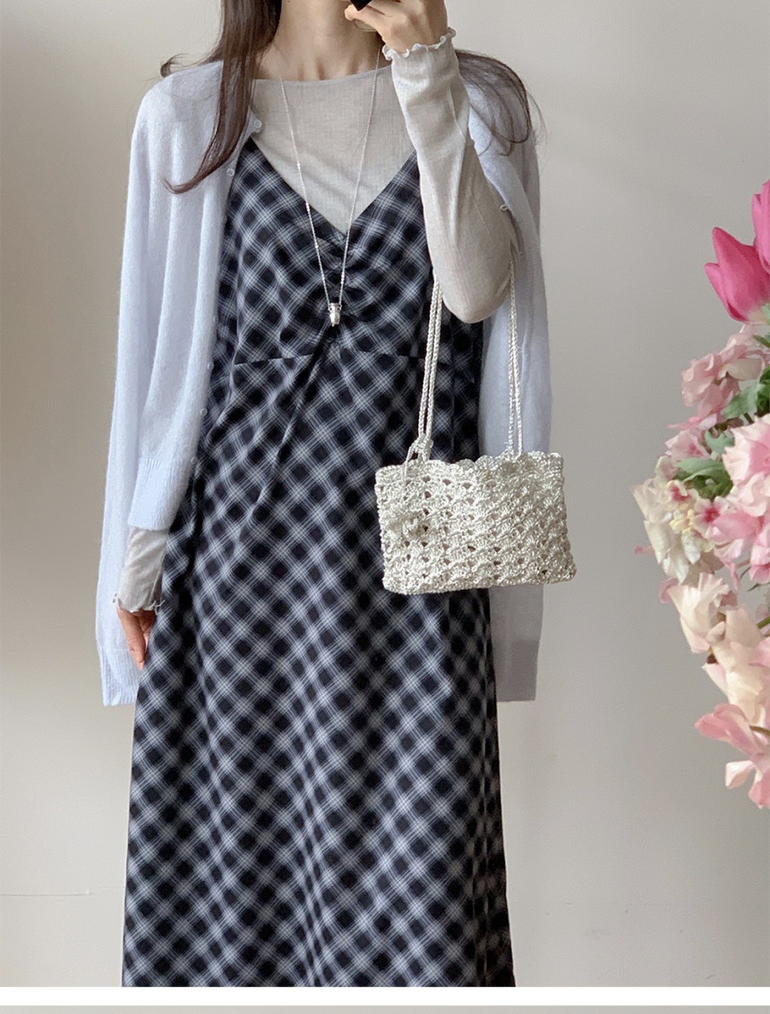 FRILL-T/DADA韓國代購女士新款職業連衣裙不含內搭格紋褶皺FRILL-T/DADA連衣裙