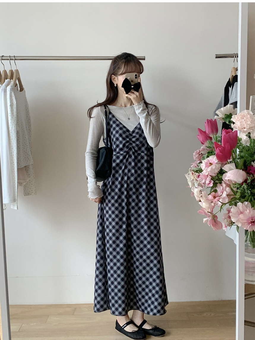 FRILL-T/DADA韓國代購女士新款職業連衣裙不含內搭格紋褶皺FRILL-T/DADA連衣裙圖色1