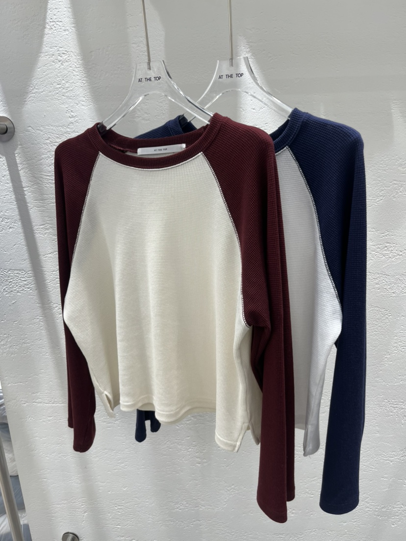 AT THE TOP東大門代購女士新品熱賣長袖T恤插肩袖華夫格AT THE TOP長袖T恤
