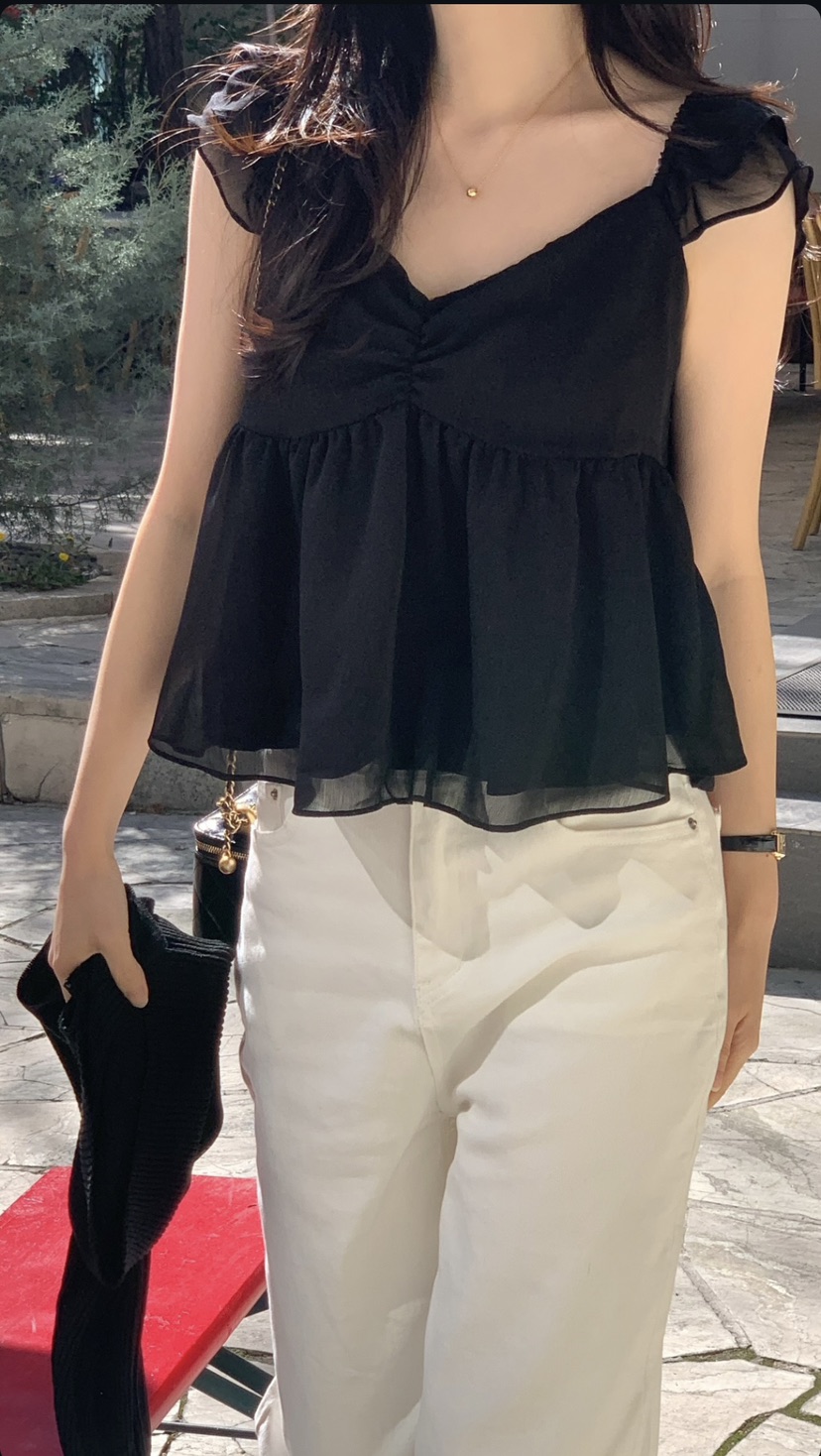 FRILL-T/DADA韓國代購女裝新品時尚休閑吊帶背心狐貍雪紡FRILL-T/DADA吊帶/背心