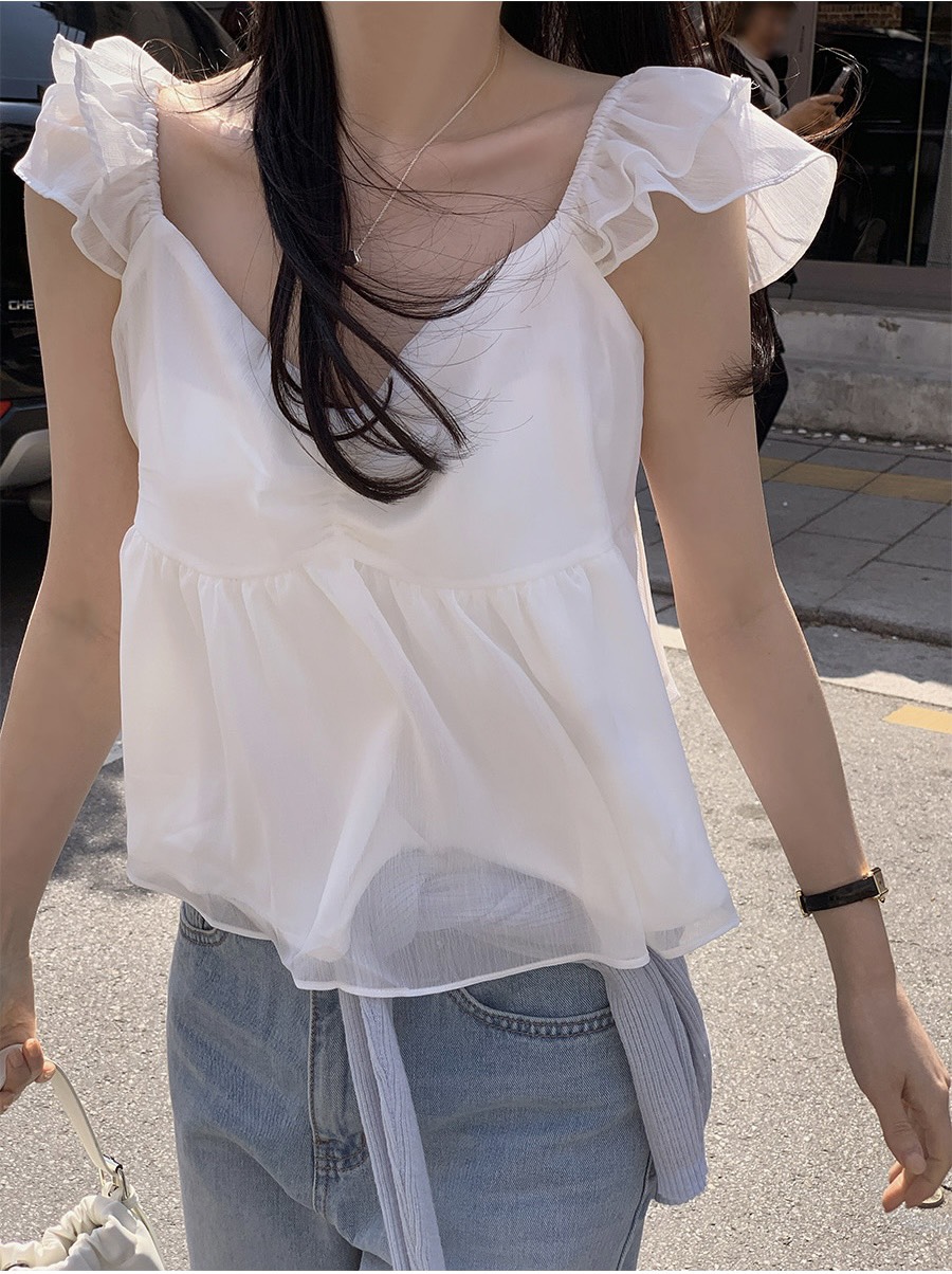 FRILL-T/DADA韓國代購女裝新品時尚休閑吊帶背心狐貍雪紡FRILL-T/DADA吊帶/背心