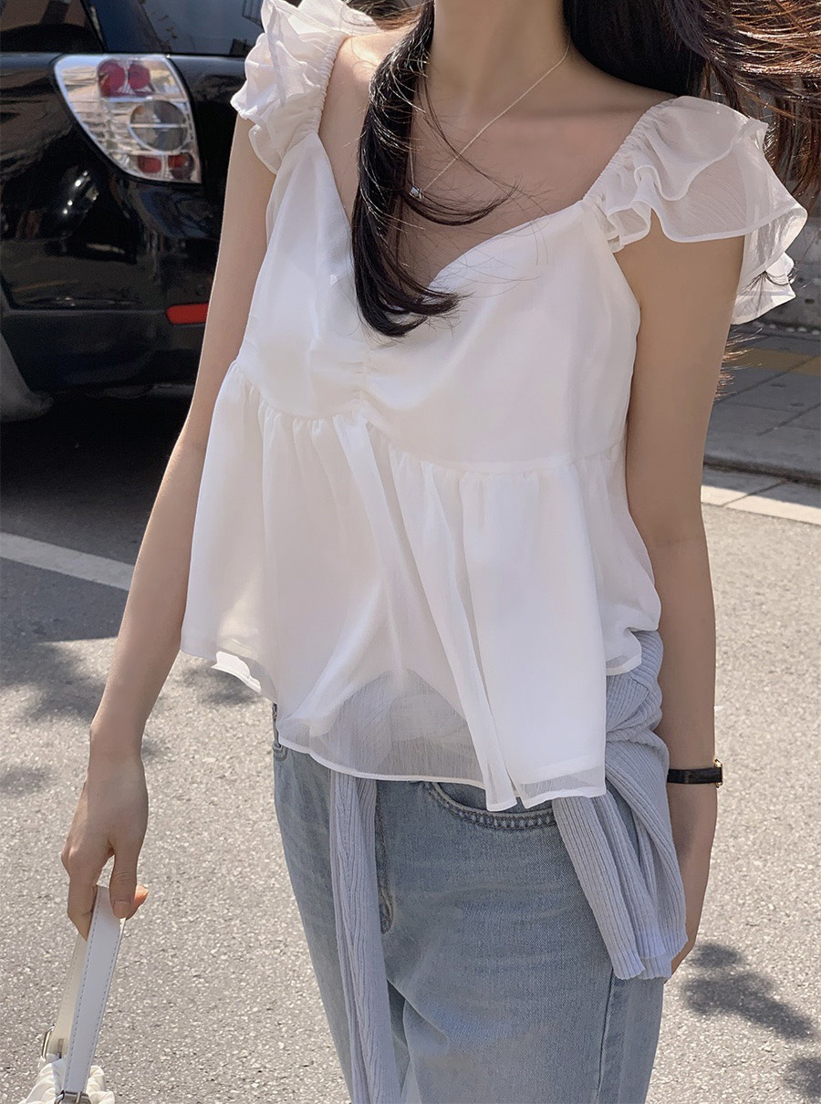 FRILL-T/DADA韓國代購女裝新品時尚休閑吊帶背心狐貍雪紡FRILL-T/DADA吊帶/背心