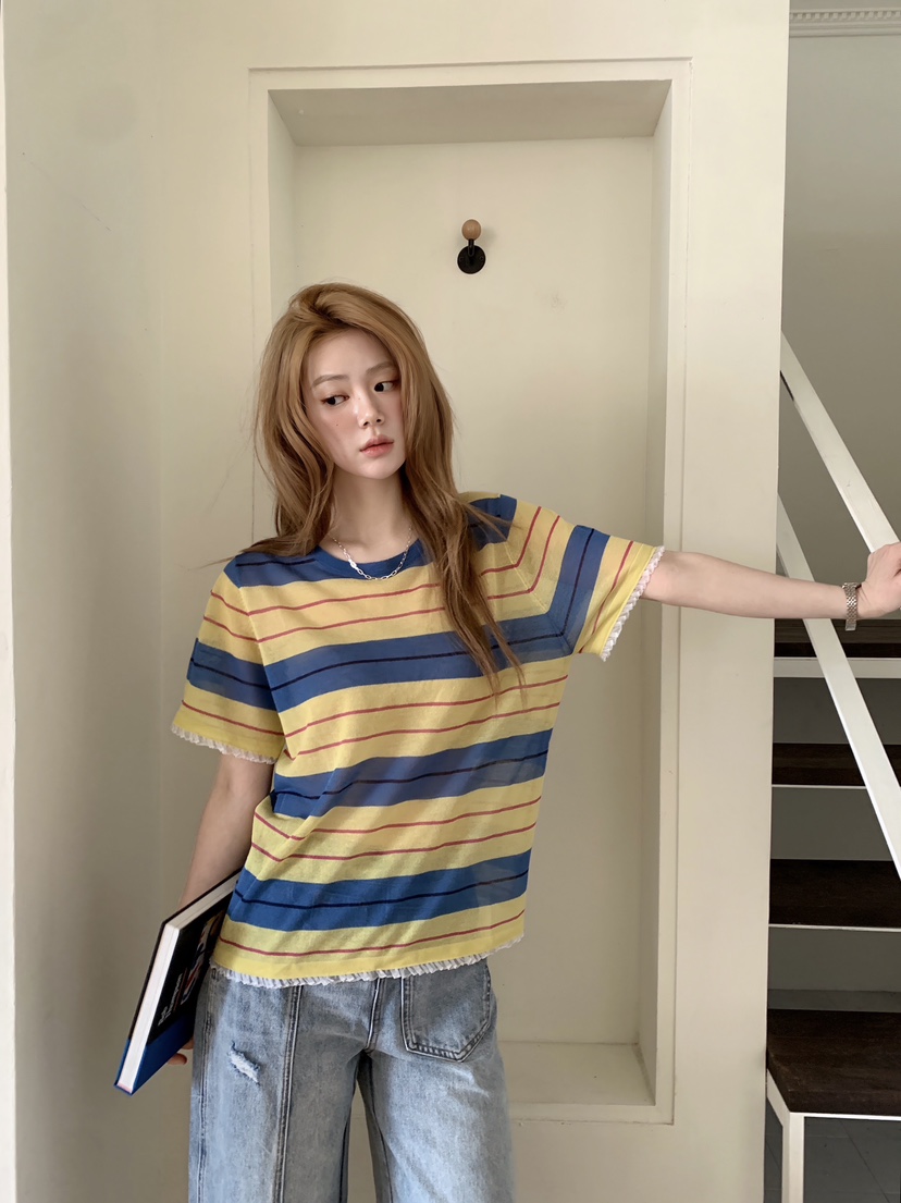 MAISONDEGLORY韓國代購女裝新款熱賣休閑真品T恤亞麻條紋MAISON DE GLORYT恤