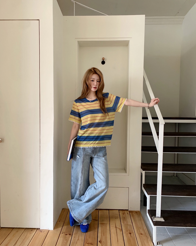 MAISONDEGLORY韓國代購女裝新款熱賣休閑真品T恤亞麻條紋MAISON DE GLORYT恤