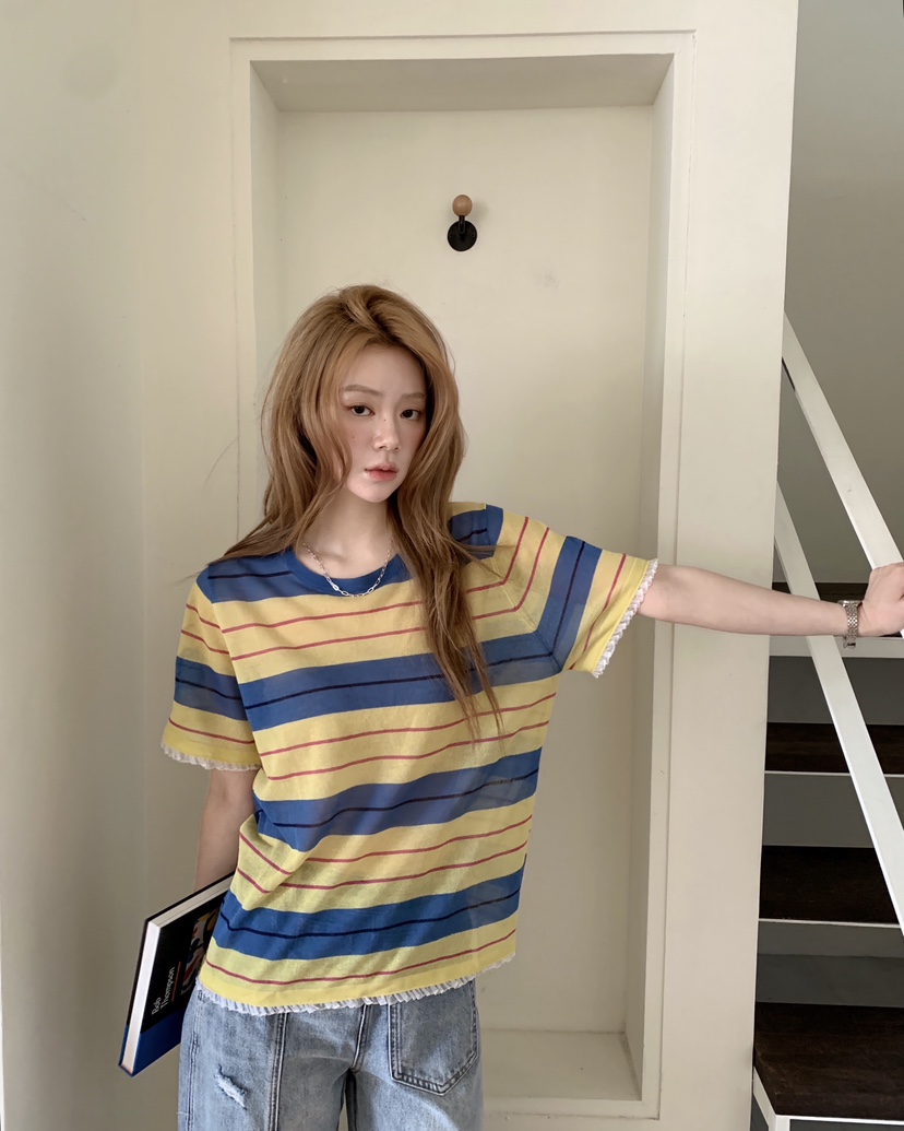 MAISONDEGLORY韓國代購女裝新款熱賣休閑真品T恤亞麻條紋MAISON DE GLORYT恤