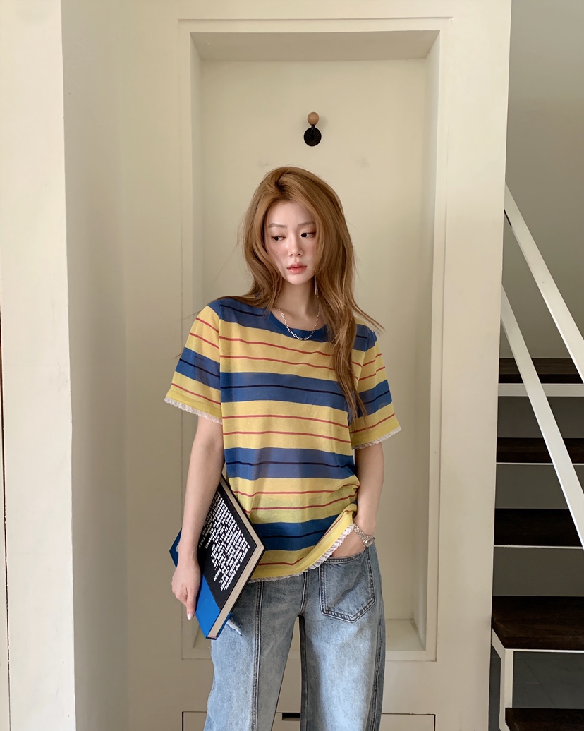 MAISONDEGLORY韓國代購女裝新款熱賣休閑真品T恤亞麻條紋MAISON DE GLORYT恤