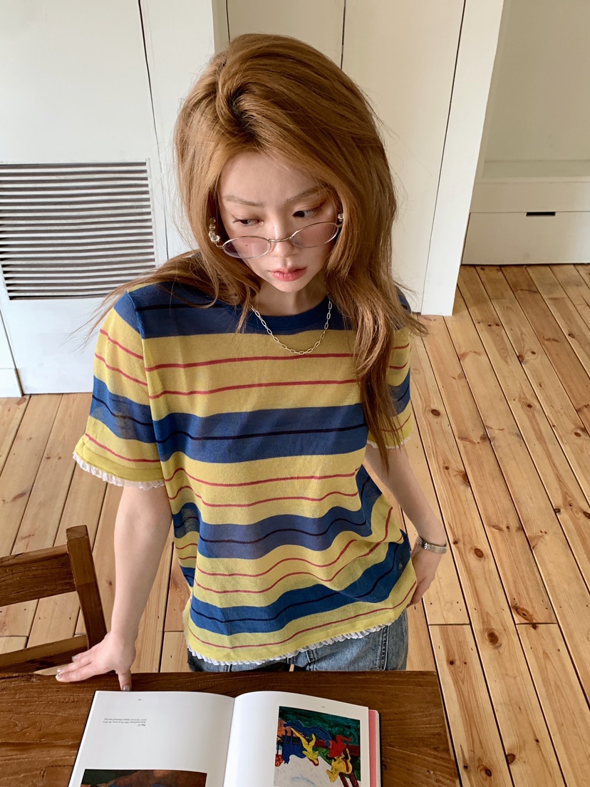 MAISONDEGLORY韓國代購女裝新款熱賣休閑真品T恤亞麻條紋MAISON DE GLORYT恤