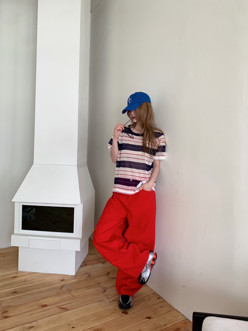 MAISONDEGLORY韓國代購女裝新款熱賣休閑真品T恤亞麻條紋MAISON DE GLORYT恤