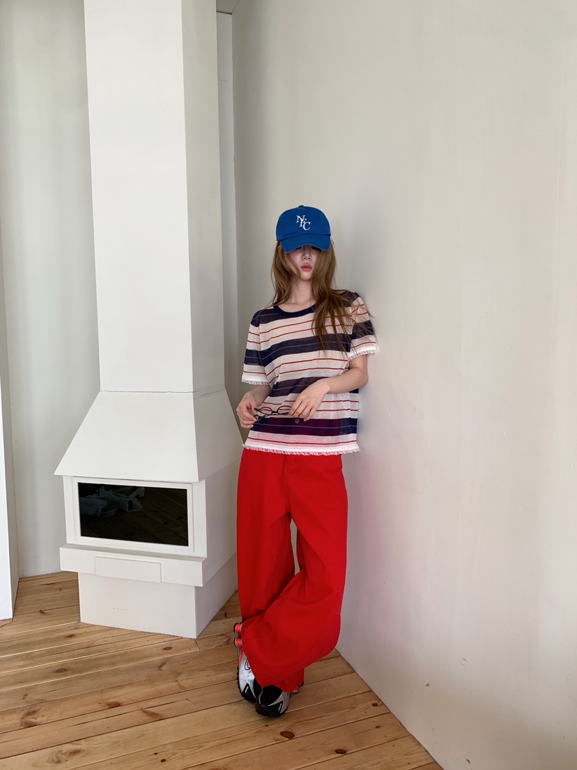 MAISONDEGLORY韓國代購女裝新款熱賣休閑真品T恤亞麻條紋MAISON DE GLORYT恤