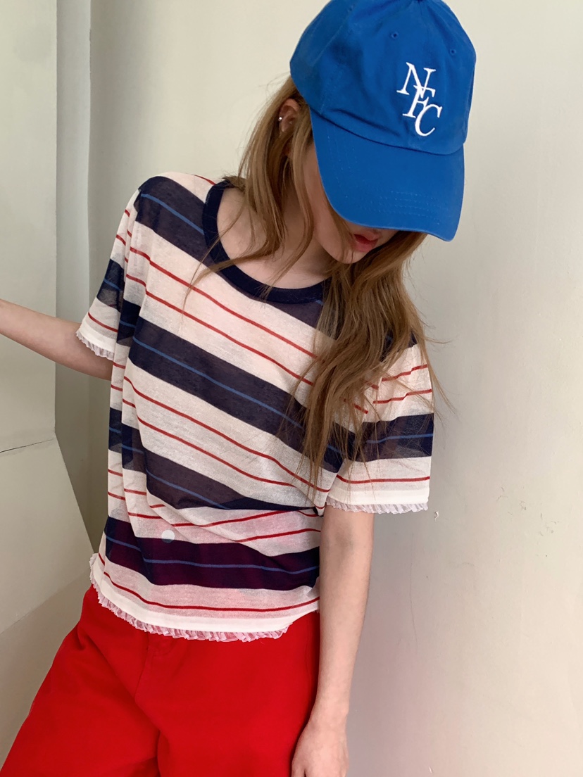 MAISONDEGLORY韓國代購女裝新款熱賣休閑真品T恤亞麻條紋MAISON DE GLORYT恤