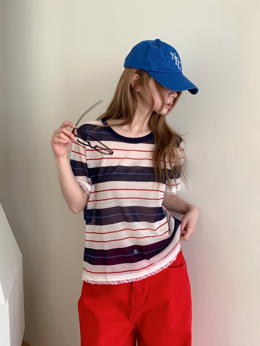 MAISONDEGLORY韓國代購女裝新款熱賣休閑真品T恤亞麻條紋MAISON DE GLORYT恤