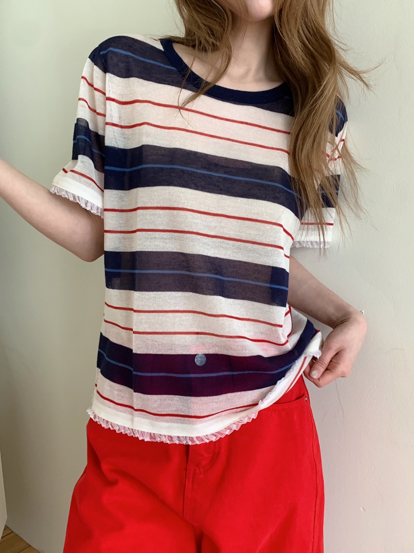 MAISONDEGLORY韓國代購女裝新款熱賣休閑真品T恤亞麻條紋MAISON DE GLORYT恤