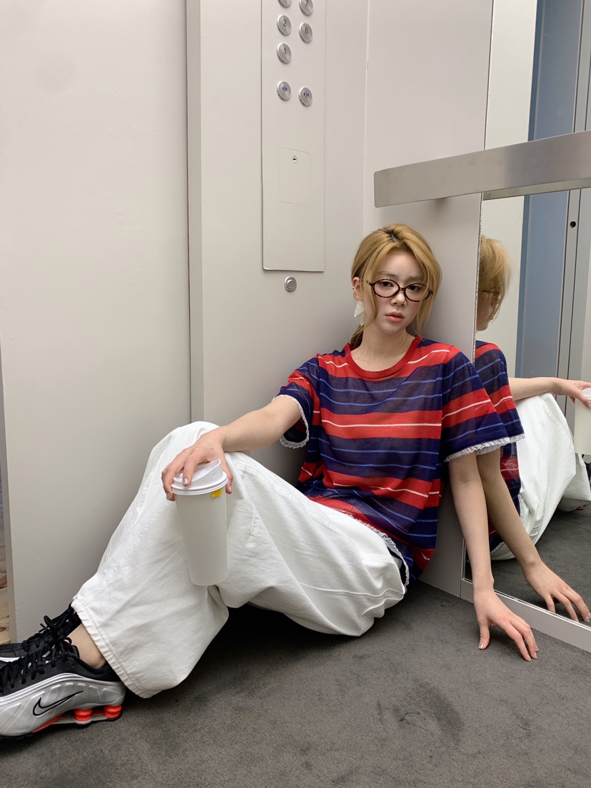 MAISONDEGLORY韓國代購女裝新款熱賣休閑真品T恤亞麻條紋MAISON DE GLORYT恤