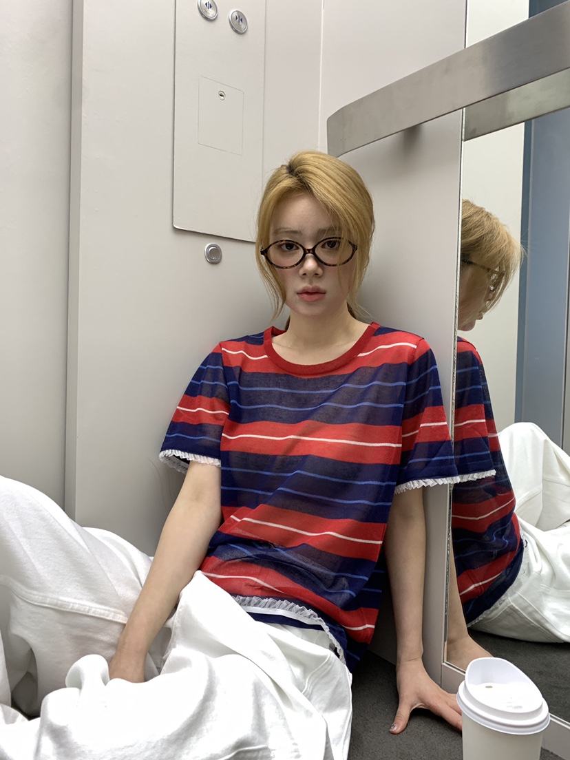 MAISONDEGLORY韓國代購女裝新款熱賣休閑真品T恤亞麻條紋MAISON DE GLORYT恤