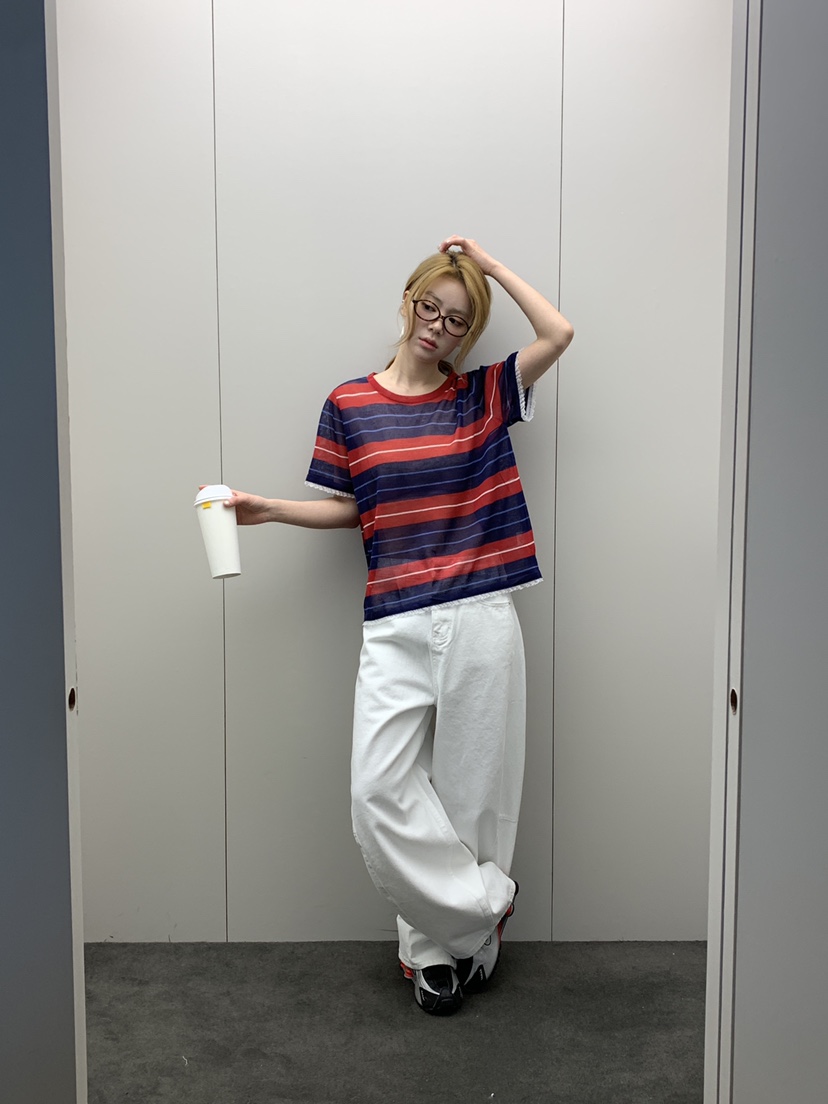 MAISONDEGLORY韓國代購女裝新款熱賣休閑真品T恤亞麻條紋MAISON DE GLORYT恤