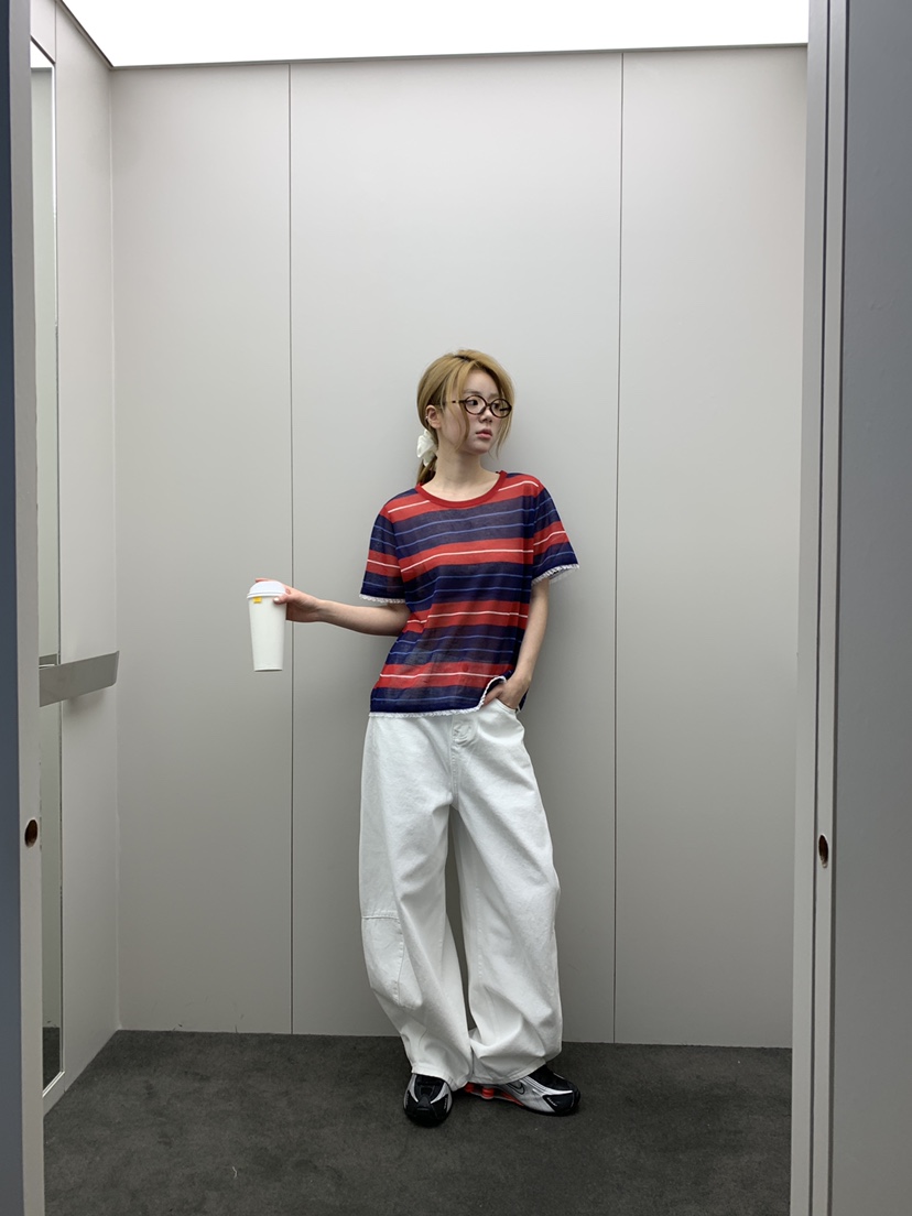 MAISONDEGLORY韓國代購女裝新款熱賣休閑真品T恤亞麻條紋MAISON DE GLORYT恤