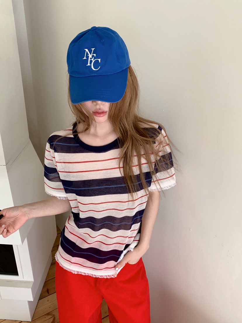 MAISONDEGLORY韓國代購女裝新款熱賣休閑真品T恤亞麻條紋MAISON DE GLORYT恤圖色2