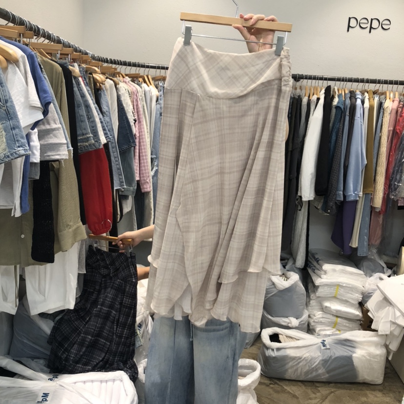 ALMOND PEPE東大門代購女裝新款職業半身裙中短裙不對稱格子ALMOND PEPE半身裙/中短裙