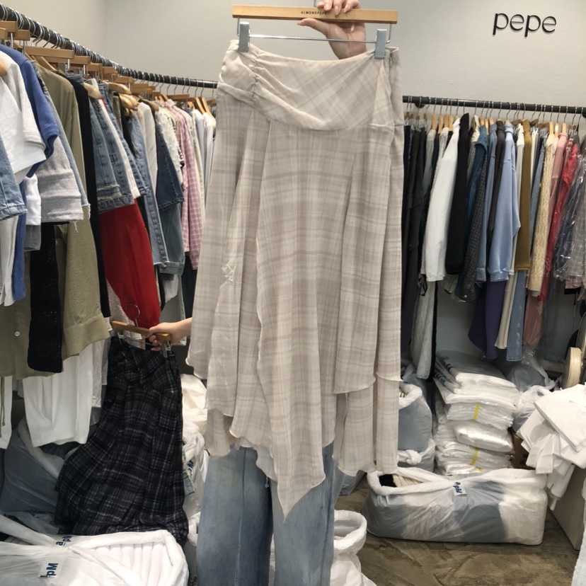 ALMOND PEPE東大門代購女裝新款職業半身裙中短裙不對稱格子ALMOND PEPE半身裙/中短裙圖色1