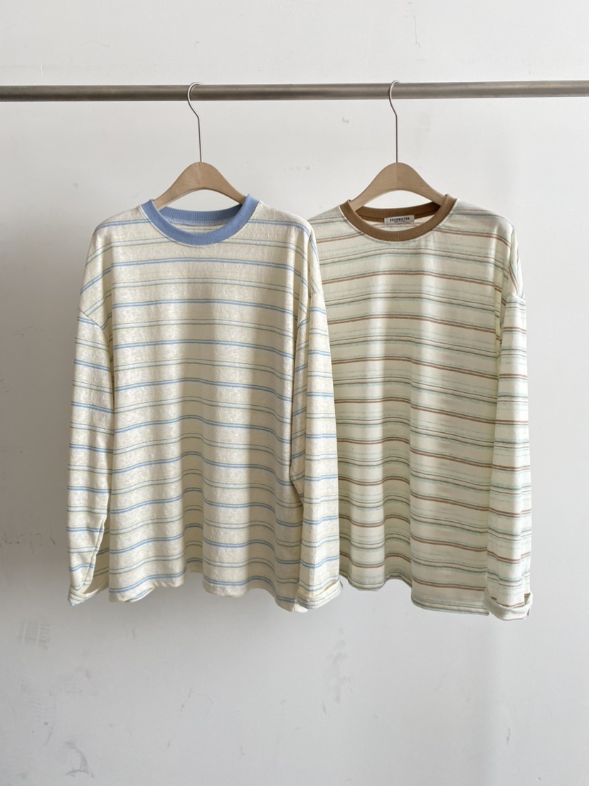 COCOMATON韓國直郵實拍女裝新款26春夏職業長袖T恤亞麻條紋COCOMATON長袖T恤