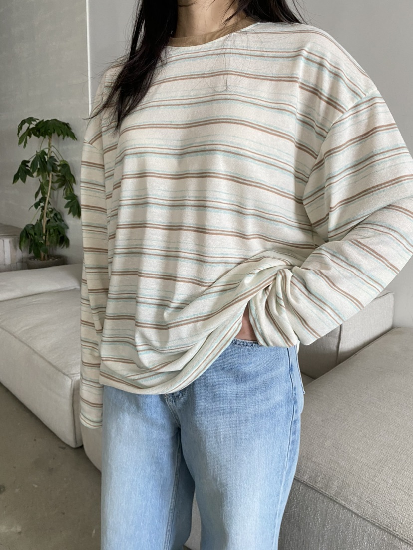 COCOMATON韓國直郵實拍女裝新款26春夏職業長袖T恤亞麻條紋COCOMATON長袖T恤