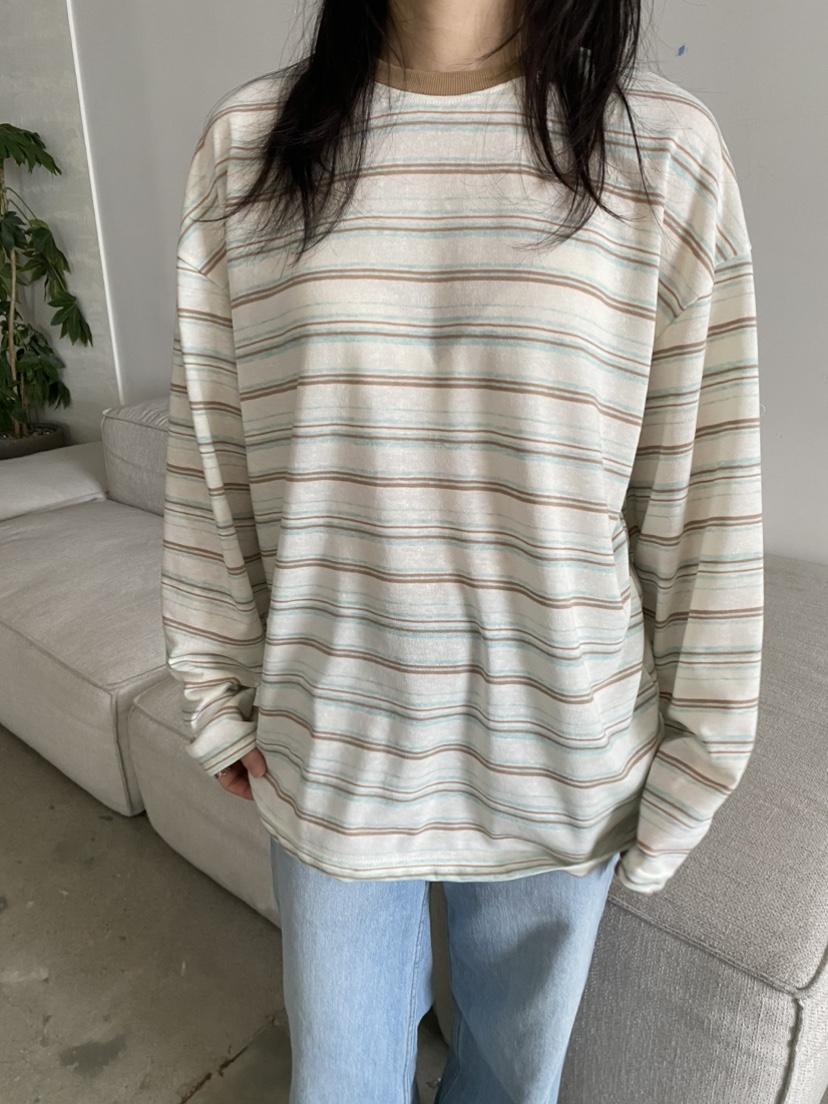 COCOMATON韓國直郵實拍女裝新款26春夏職業長袖T恤亞麻條紋COCOMATON長袖T恤