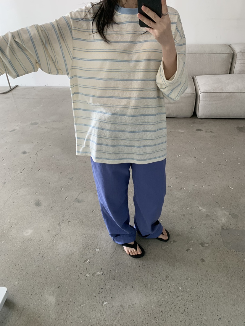 COCOMATON韓國直郵實拍女裝新款26春夏職業長袖T恤亞麻條紋COCOMATON長袖T恤