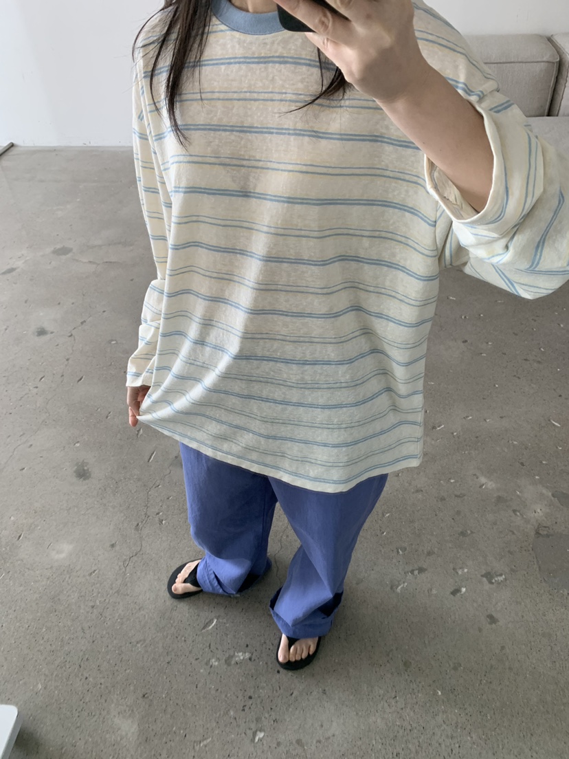 COCOMATON韓國直郵實拍女裝新款26春夏職業長袖T恤亞麻條紋COCOMATON長袖T恤