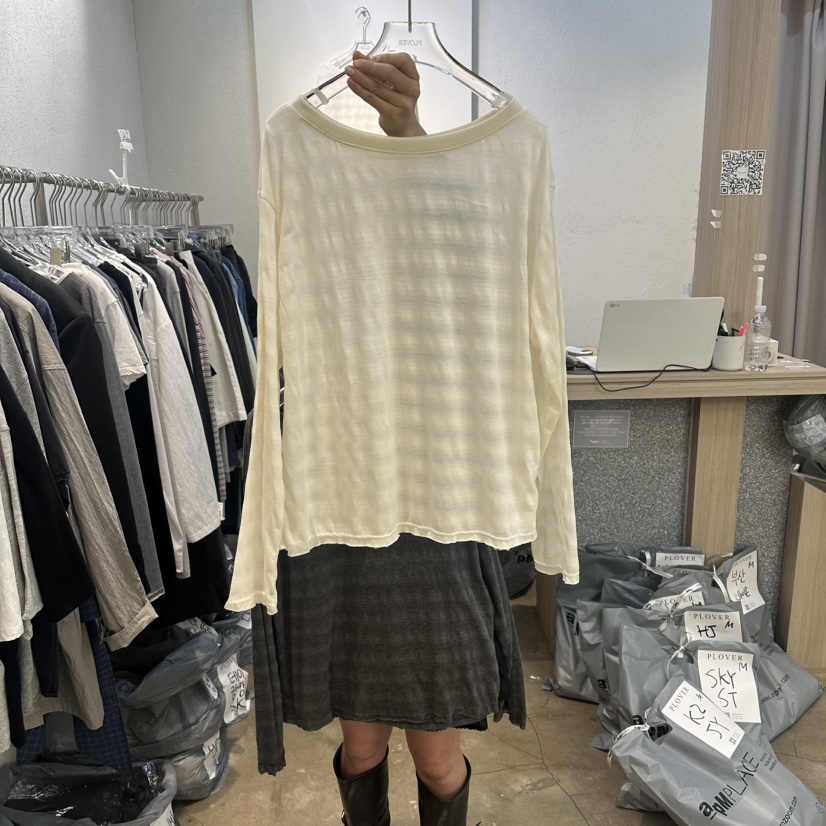 PLOVER東大門直郵女士新款休閑熱賣真品職業長袖T恤透明條紋PLO_VER長袖T恤