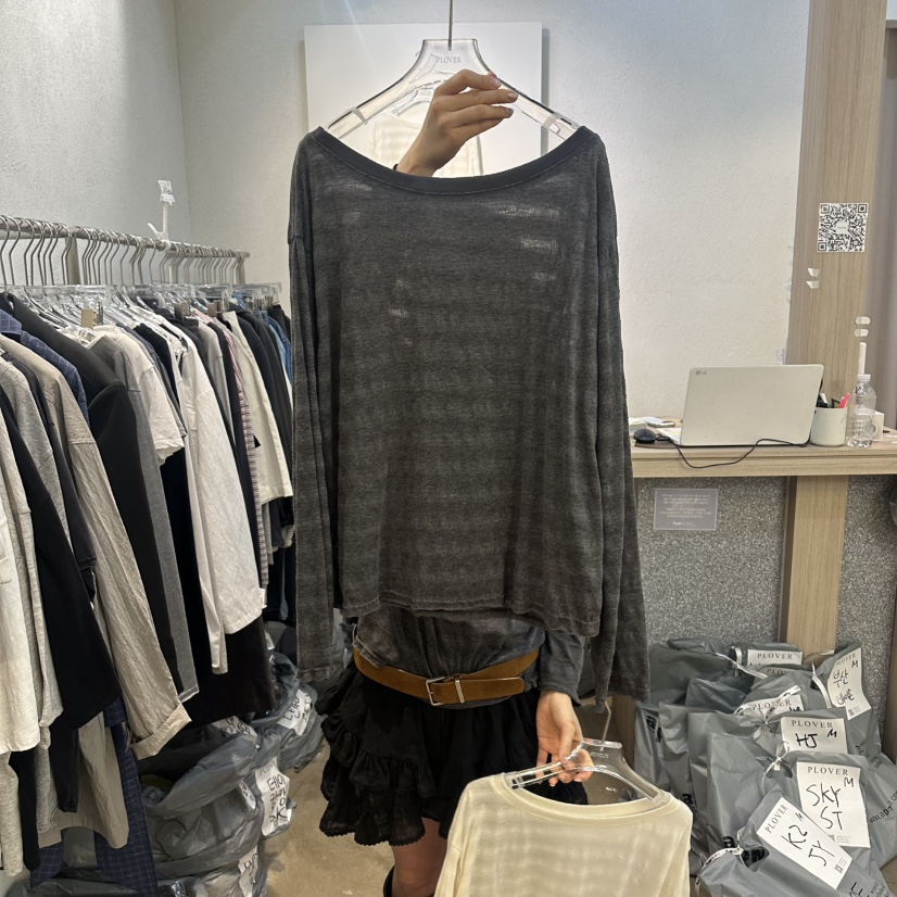 PLOVER東大門直郵女士新款休閑熱賣真品職業長袖T恤透明條紋PLO_VER長袖T恤圖色2