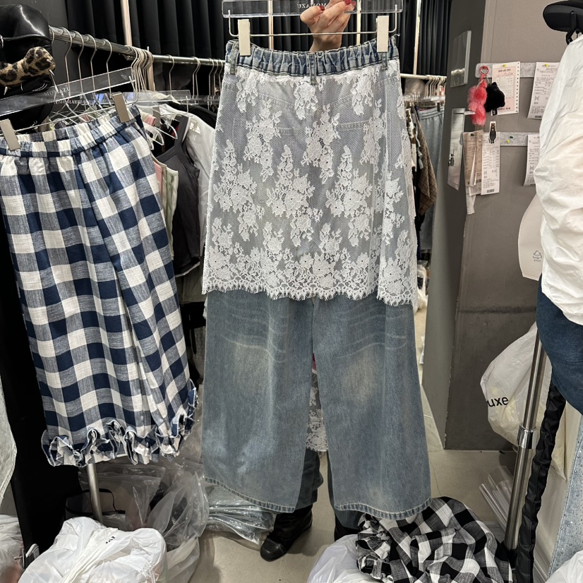 MOMAZU東大門實拍女裝新款推薦時尚休閑真品人氣牛仔褲蕾絲MOMAZU牛仔褲