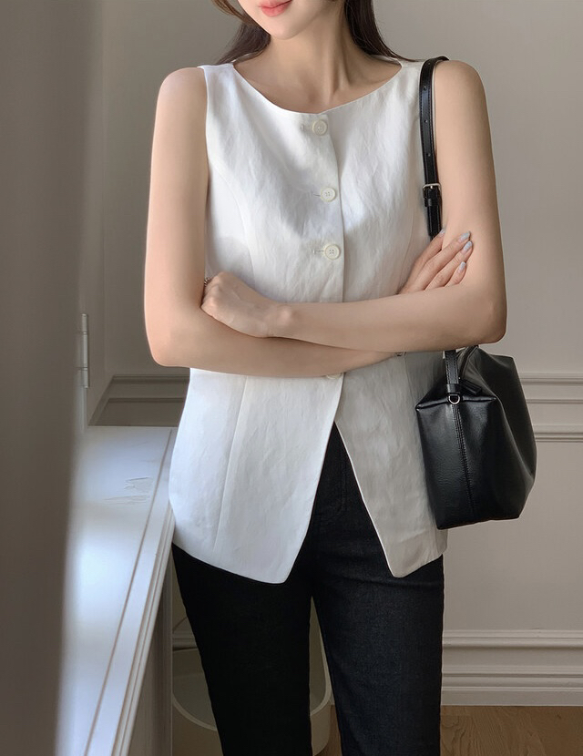 FRILL-T/DADA韓國東大門直郵女士新品26春夏馬甲船領亞麻FRILL-T/DADA馬甲